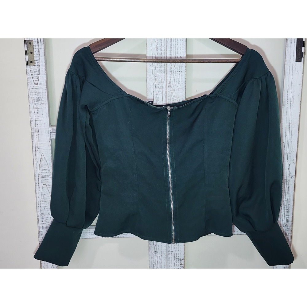 PrettyLittleThing Emerald Green Corset Puff Sleeve Top Dark Forest Zip Back - Picture 3 of 5